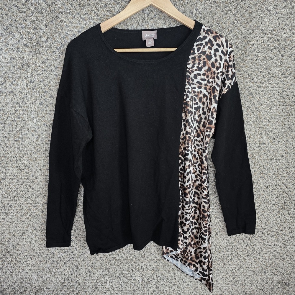 Chicos Top Womens 2 US Large Black Animal Print Knit Blouse Scoop Neck Blouse